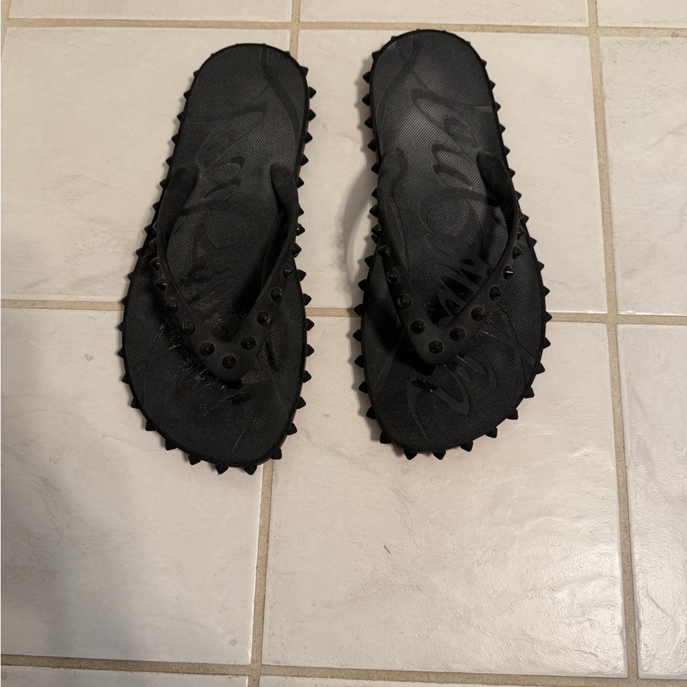 Christian Louboutin Black Studded Flip Flops